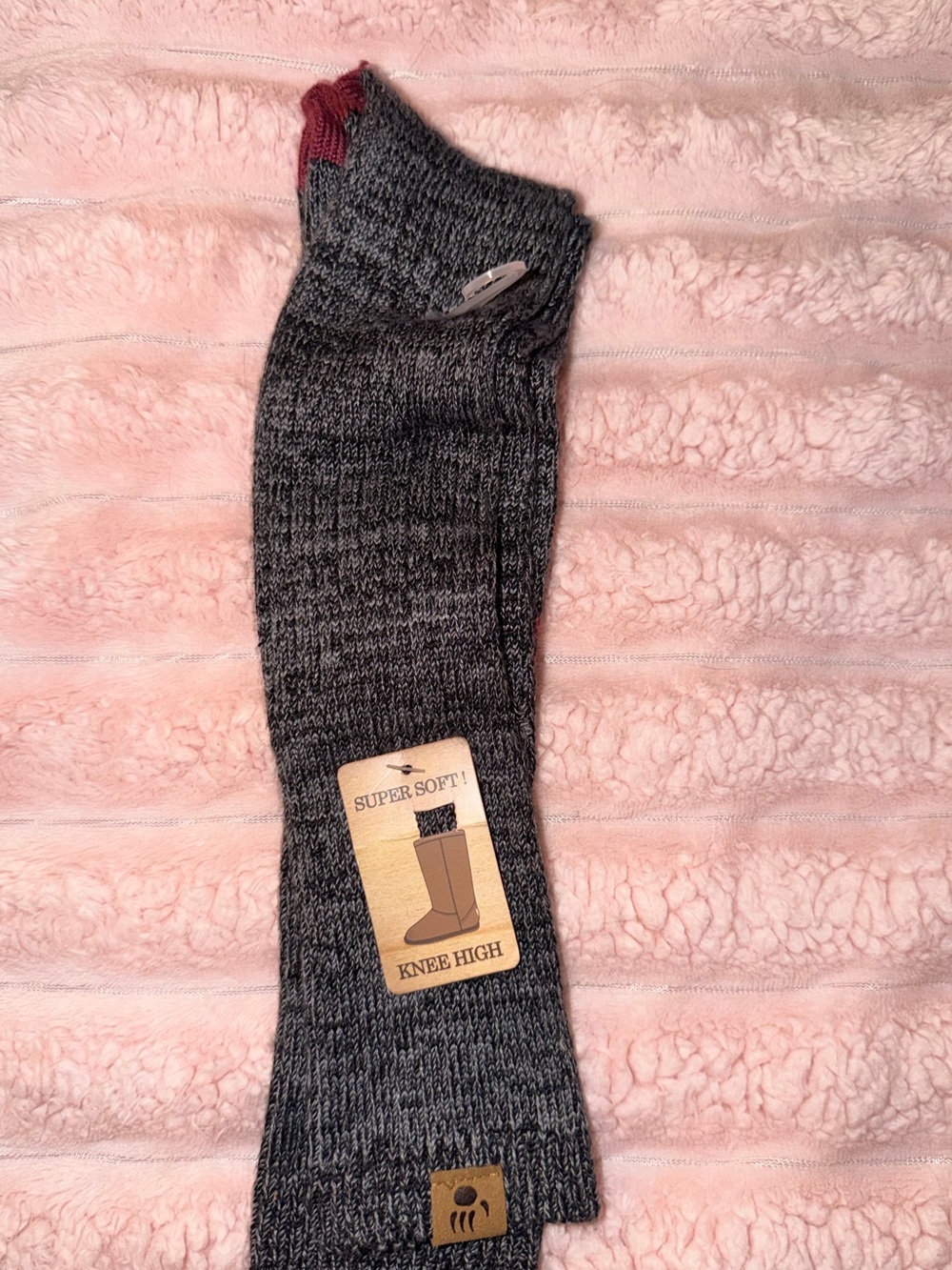BEARPAW Charcoal Gray Knee High Boot Socks Burgundy Heel Toe NWT